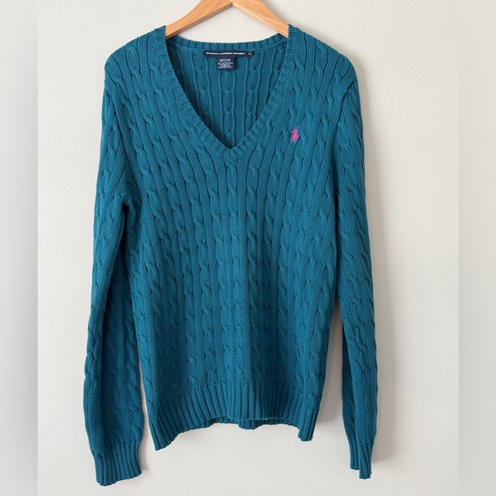 Ralph Lauren Deep Teal Cable-Knit V-Neck Sweater with Pink Logo XL